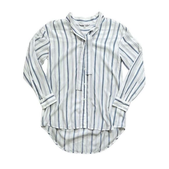 Elizabeth And James Blue Stripe Tie Neck Tunic Button Down Blouse Size Large - Picture 7 of 11